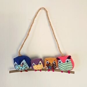 Wall Decorating Colorful Fabric Handmade 4 Owls Family Branch Wall Hanging